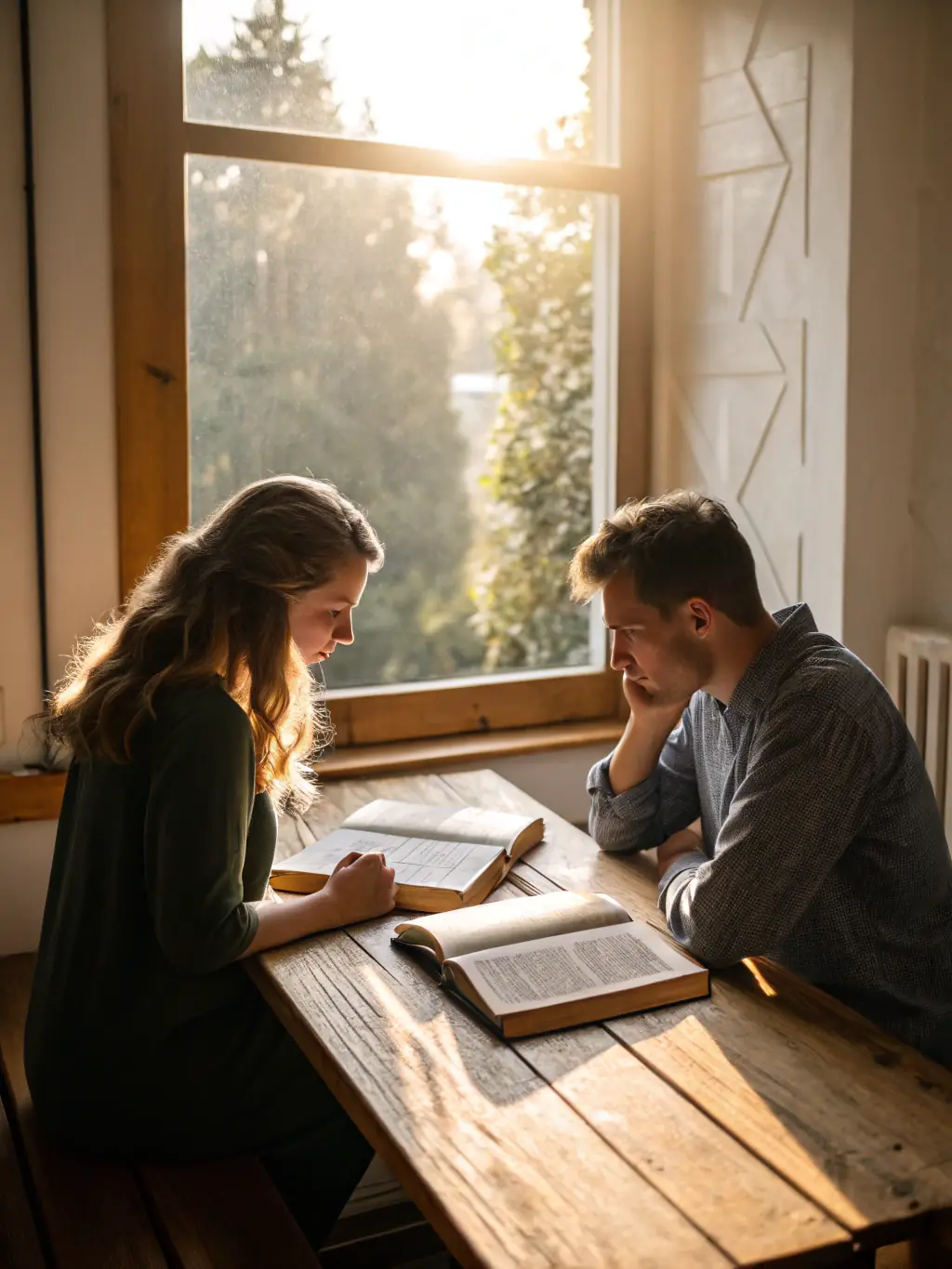 A photograph of a small group Bible study session at Rinnah Ministries, with participants sitting around a table, Bibles open, engaged in lively discussion and mutual support.