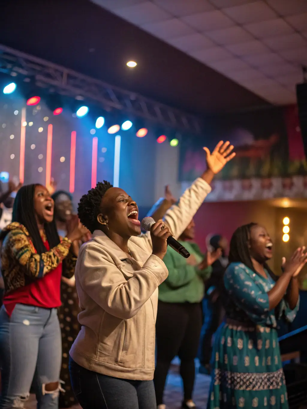 A photograph of a vibrant Sunday worship service at Rinnah Ministries, showing people of diverse ages and backgrounds joyfully singing and raising their hands in praise, bathed in warm, natural light.