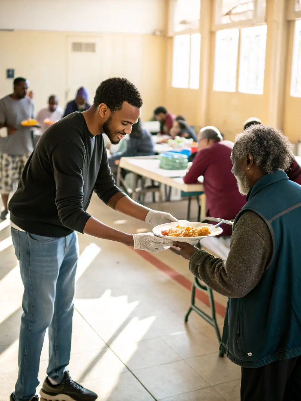 A photograph of Rinnah Ministries volunteers serving food at a local homeless shelter, demonstrating their commitment to community outreach and helping those in need.